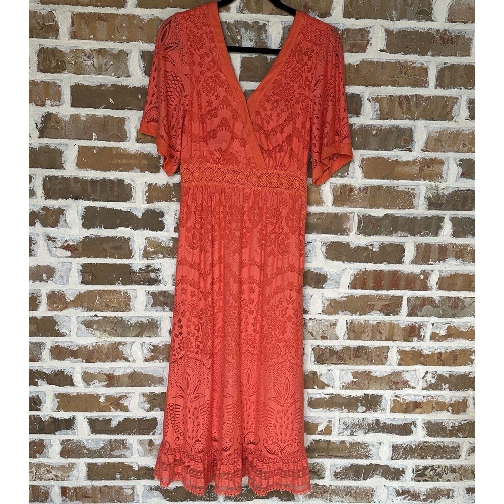 Farm Rio Anthropologie Devore Midi Dress Extra Small Coral Faux Wrap V-Neck Lace